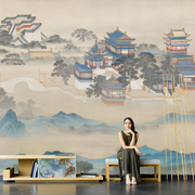 新中式轻奢山水阁楼客厅电视，背景墙纸壁布书房包厢定制壁纸壁画