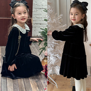 名媛蕾丝娃娃领儿童绒面泡泡袖，公主裙2024年春童装黑色女童连衣裙