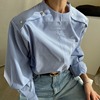 PPSHD春季韩国复古chic气质特别领设计感宽松BF中长款条纹衬衫女
