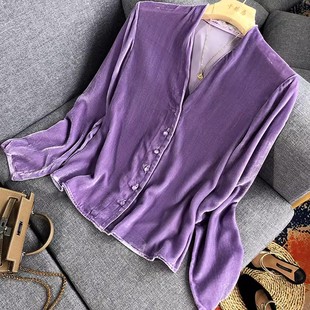 春秋修身长袖上衣女衬衫，v领短款中式盘扣紫色灯芯绒金丝绒外套女