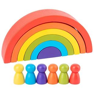 趣味彩虹积木房子堆塔七彩半圆，小人叠叠乐木制儿童益智拼搭玩具