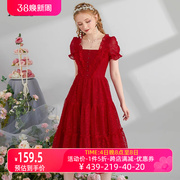 艾丽丝2024新年夏季中长款连衣裙，女红色短袖，网纱蕾丝公主裙子