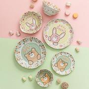 1021日本进口卡通陶瓷餐具 儿童陶瓷米饭碗 餐盘 兔子小熊双耳碗