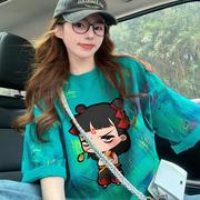 纯棉个性哪吒卡通印花中长款t恤女小众撞色晕染宽松遮肉上衣外穿
