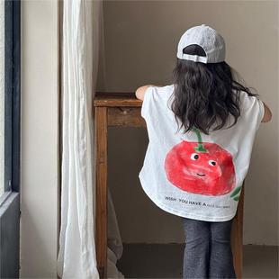 韩版童装女童宽松大版印花T恤前短后长T恤2024夏季童装洋气潮