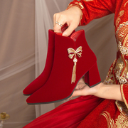 婚鞋新娘鞋冬天加绒粗跟2023冬季红色，高跟鞋女结婚靴子不累脚
