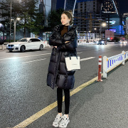Mealiers冬季2023韩版中长版白鸭绒加厚黑色亮面羽绒衣外套女