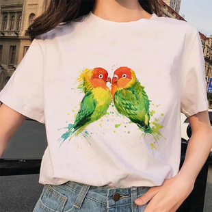 Parrot Black T Shirt 夏季卡通动物鹦鹉印花女黑色百搭短袖T恤衫