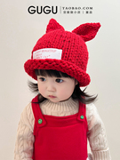 儿童帽子针织帽女童红色兔耳秋冬季手工编织毛线，帽男童宝宝套头帽