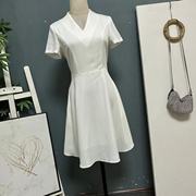欧美大牌潮奢女士v领短袖，连衣裙镂空蕾丝，拼接洋气白色a字裙0228