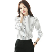 2020秋装韩版女装黑白竖条纹修身大码上衣长袖，雪纺衬衫女衬衣