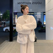 韩国羊羔绒大衣女，冬季软糯毛绒短款开衫上衣，仿獭兔毛皮草外套