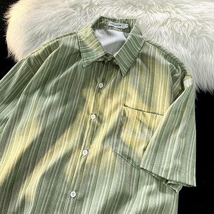 夏季薄款竖条纹短袖衬衫，男日系复古港风休闲潮牌bf高级感痞帅衬衣