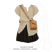 大码胖妹妹韩系学院风条纹，木耳边娃娃短袖衬衫，+高腰百褶短裙套装