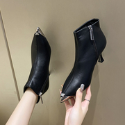 黑色尖头短靴女2023秋冬时尚，高跟鞋细跟马丁靴中跟6cm工作单靴女