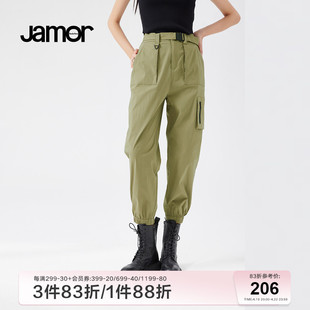 Jamor灰绿色休闲裤女夏季直筒显瘦日系工装束脚裤加末