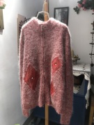  红色气质休闲拉链款软糯皮革装饰安哥拉兔羊毛开衫外套