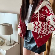 韩国东大门慵懒风复古名族风圣诞拉链，毛衣开衫外套女加厚针织衫