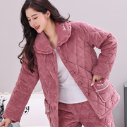 女士秋冬季夹棉袄睡衣中年三层加厚加绒珊瑚绒保暖妈妈套装家居服
