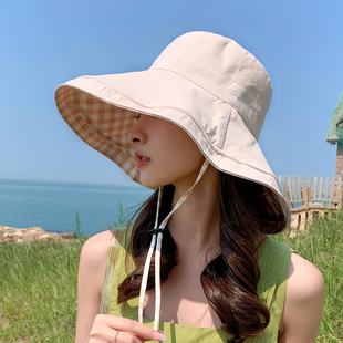 双面格子渔夫帽，女春夏天可折叠防晒遮阳帽，大沿太阳帽子遮脸韩版潮