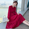 红色长袖连衣裙2024春季女装法式复古中长款气质收腰显瘦裙子