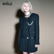 4mile设计师品牌胶囊系列黑色，小香风短外套，学院风百褶半裙套装