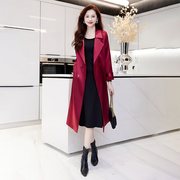 2023秋季红色女中中长款春秋修身大衣外套，长袖薄款宽松型风衣
