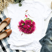 petalgirlt-shirt优雅花瓣，女孩印花欧美白色，t恤女短袖学生圆领