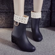 日式加绒雨鞋女高跟增高外穿雨靴，防水鞋防滑厚底中筒时尚保暖胶鞋