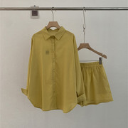 韩国夏季字母刺绣长袖，防晒衬衫+短裤两件套黄色，宽松休闲棉麻套装