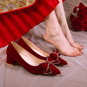 粗跟婚鞋女春季2023年中式红色新娘鞋子不累脚孕妇可穿高跟鞋