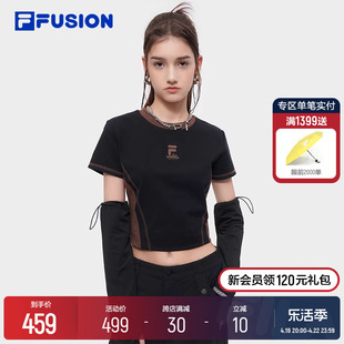 FILA FUSION斐乐潮牌女子针织短袖衫2024夏季拼色短款辣妹T恤