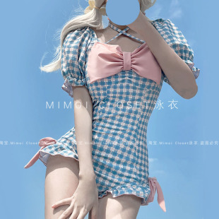 Mimoi Closet浅蓝色格子2024日系可爱少女连体温泉游泳衣女款