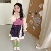 2023韩版女童秋装儿童背心长袖衬衫碎花半裙洋气小清新三件套