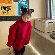 女童拜年服红色双面羊绒大衣中国风，冬季洋气妮子加厚流苏毛呢外套