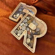 木质英文字母钱箱存銭罐储钱罐摆件存钱筒透明r硬币可取零钱罐透