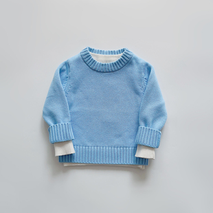 日系秋冬男女儿童宝宝浅蓝色，纯棉线圆领，针织小厚实套头衫毛衣