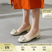 73hours女鞋少女企划春秋法式复古方头粗跟平底鞋白色单鞋女
