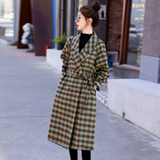 韩系风格绿色格子羊绒外套，女2022秋冬中长款系带加厚羊毛大衣