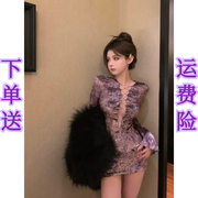 紫色金丝绒性感系带长袖短款上衣女秋冬辣妹套装半身短裙子两件套