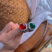 人造素面红宝石 祖母绿戒指欧美夸张方形宝石食指戒指小众时尚