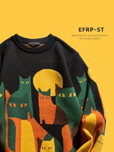 黑夜的猫设计师品牌efrp猫咪，提花毛衣男秋冬季保暖针织衫