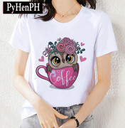 cute owl t-shirt可爱猫头鹰简约纯色圆领上衣女ins显瘦短袖T恤