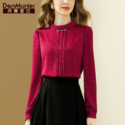 丹慕妮尔法式提花红色上衣女高级感2024春季立领气质长袖衬衫