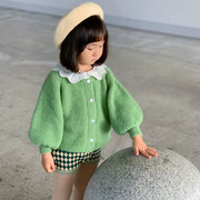 ximfkids秋冬女童宝宝绿色泡泡袖，柔软马海毛针织，毛衣开衫外套短裤