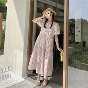 粉色碎花连衣裙女夏季2023温柔甜美仙气泡泡袖，绝美法式茶歇裙