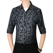 高品质男式长袖衬衫秋季数码印花弹力青年修身花衬衫C155