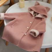 粉色狐狸100%双面羊毛，大衣2023女童，可爱毛呢秋冬中长款外套