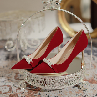 婚鞋秀禾新娘鞋2024年水钻红色单鞋女中式细跟高跟鞋两穿女鞋