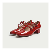 唐老鸭法式复古粗跟红色漆皮婚鞋三条带搭扣中跟玛丽珍单鞋女